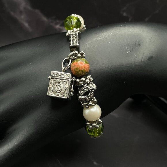 Vintage Unakite & Sterling Bracelet 925 Locking Box Charm Glass Beads Faux Pearl - Picture 1 of 10